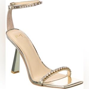 MARC FISHER Karima Leather Gold Heeled‎ Sandal w/ Crystal Trim